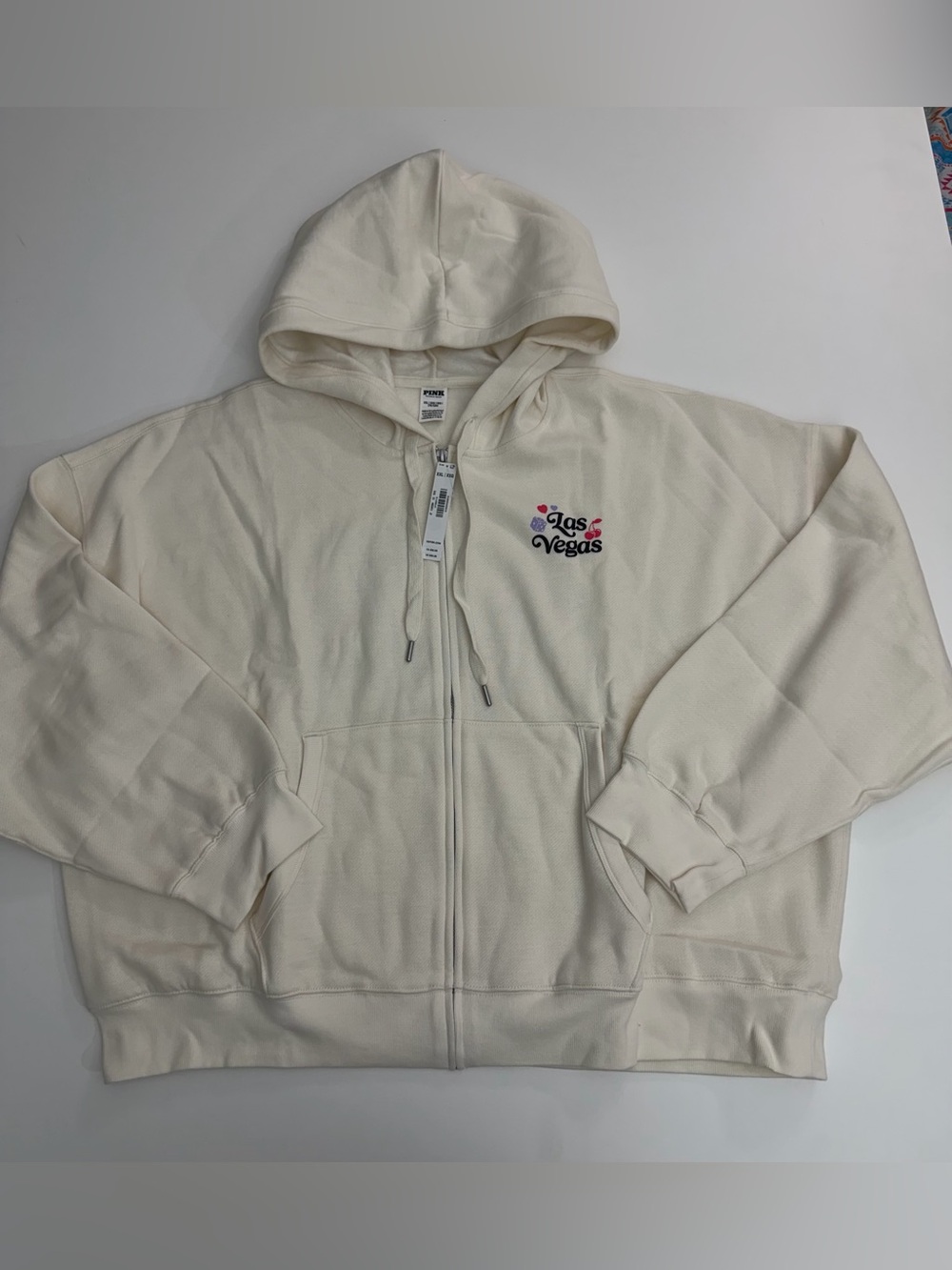 PINK Victoria's Secret Cream Zip-Up Hoodie with Las Vegas Graphic XXL